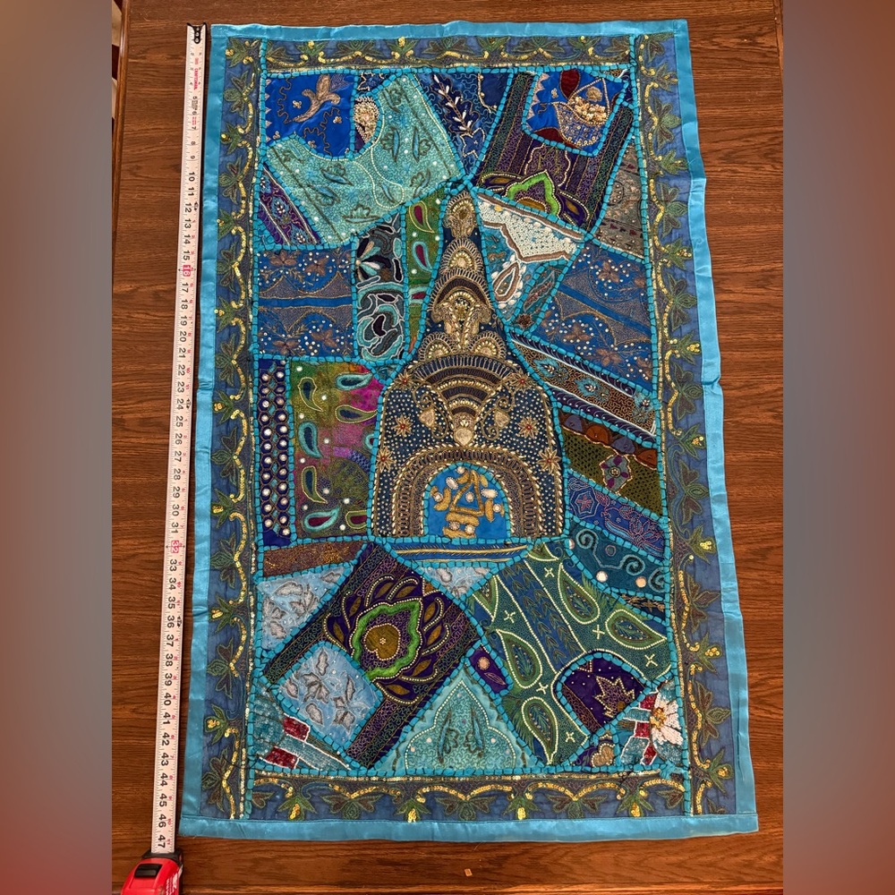 Indian Handcrafted Blue and Gold Tapestry Wall Hanging
